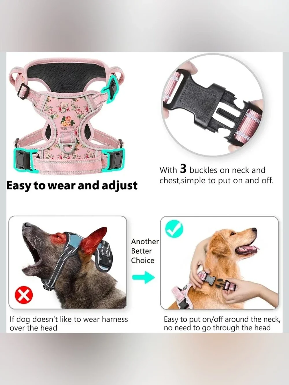 Timos Dog Harness, No Pull No Choke, Easy On & Off, Flower Pink, Small